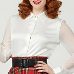 Vintage White Pearl Button Blouse w/ Sheer Sleeves – Size 12